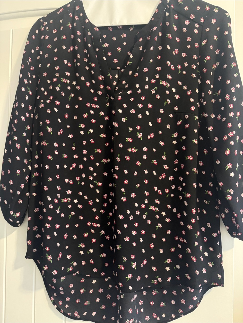 Daniel Rainn Black Floral V-Neck Blouse with Pink and White Flowers